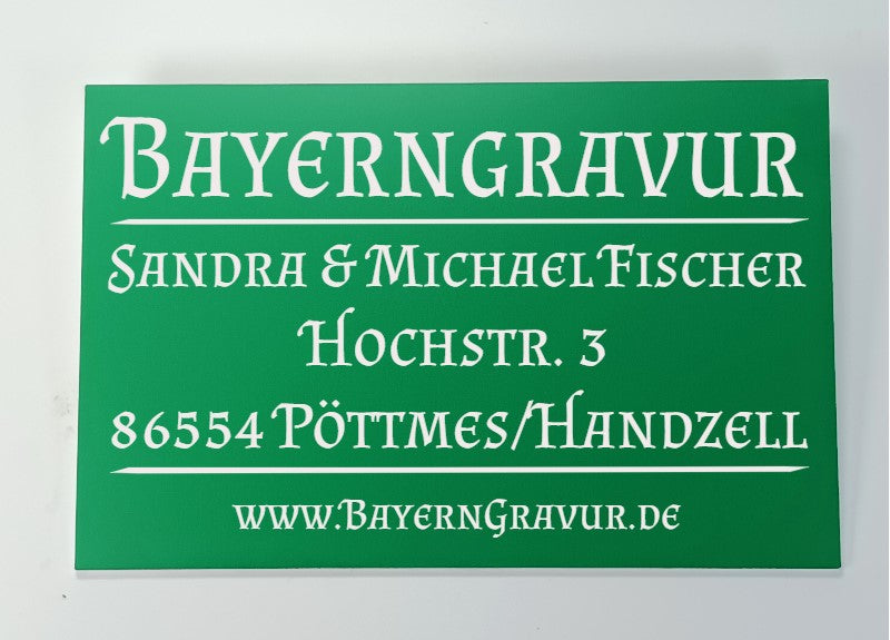 Schild Apfelgrün / Gravur-Schrift Weiß 3 mm Wetterfest Acryl