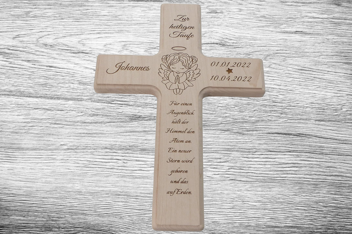 Taufkreuz Kreuz zur Taufe oder Geburt Kinderkreuz mit Namen und Taufspruch personalisiert Massiv Ahorn (30 x 20 cm)