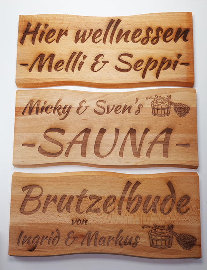 Schild Hier wellnessen Buche Massiv 38 x 17 cm Kelo Gravur Schild Personalisiert Hier wellnessen Holz geölt